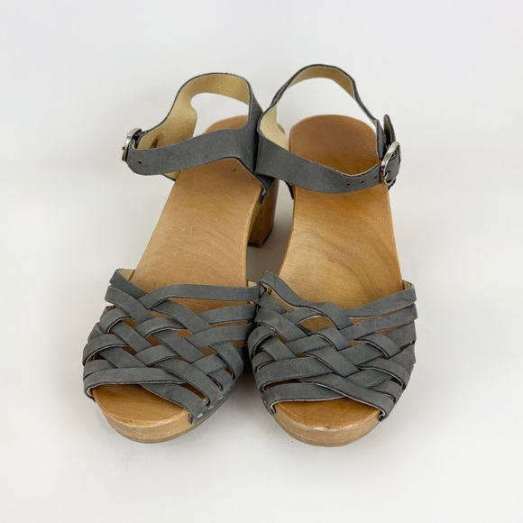 Kulik Swedish Handmade Gray Leather Basket Wooden Sandal Clogs Womens EU 37 US 7 - Picture 2 of 16